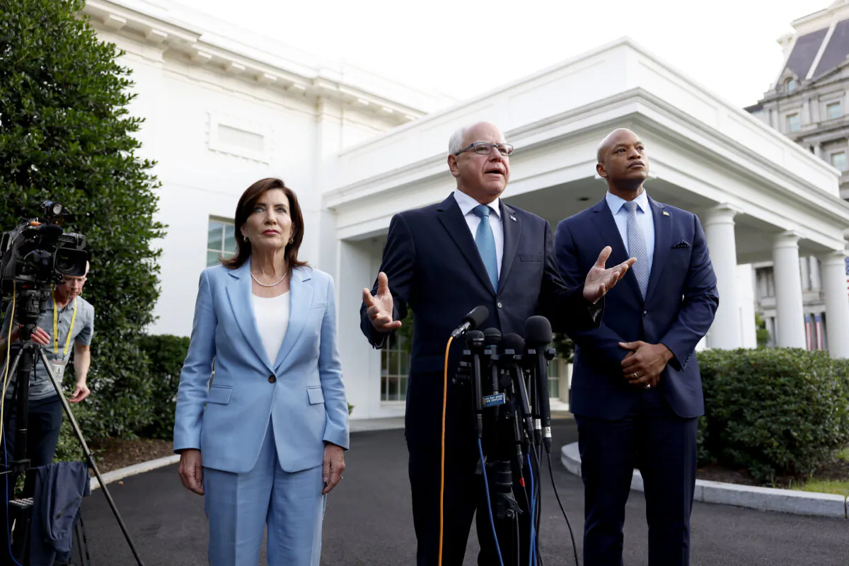 Governors Kathy Hochul of New York, Tim Walz of Minnesota and Wes Moore of Maryland speak to reporters after a meeting with President Joe Biden at the White House on July 03, 2024 in Washington, DC. (Anna Moneymaker/Getty Images)