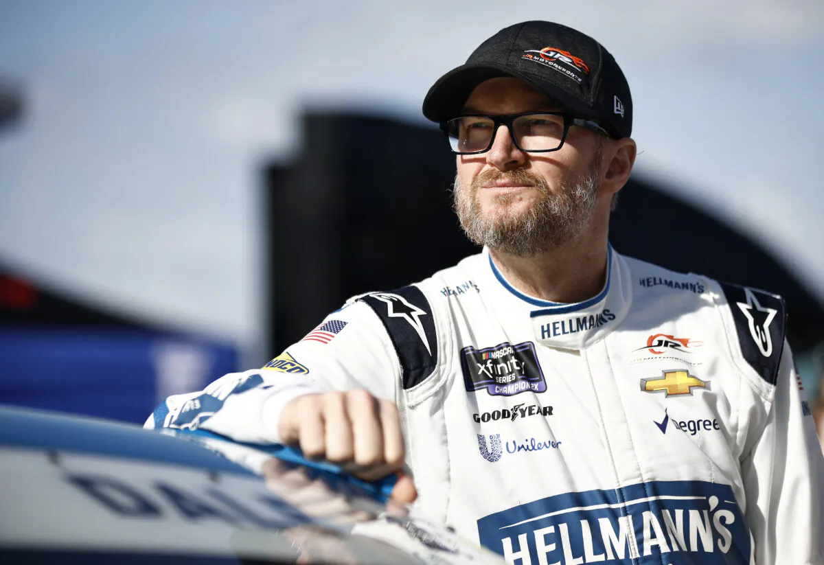 Dale Earnhardt Jr., driver of the #88 Hellmann's Fridge Hunters Chevrolet, looks on during practice for the NASCAR Xfinity Series  Call 811 Before You Dig 250 powered by Call 811.com at Martinsville Speedway in Martinsville, Virginia on April 07, 2022. (Jared C. Tilton/Getty Images)