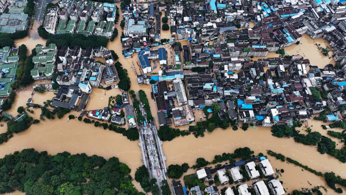 This aerial photo shows flooded areas after storms in Guilin, Guangxi Province, China, on June 20, 2024. (STR/AFP via Getty Images)