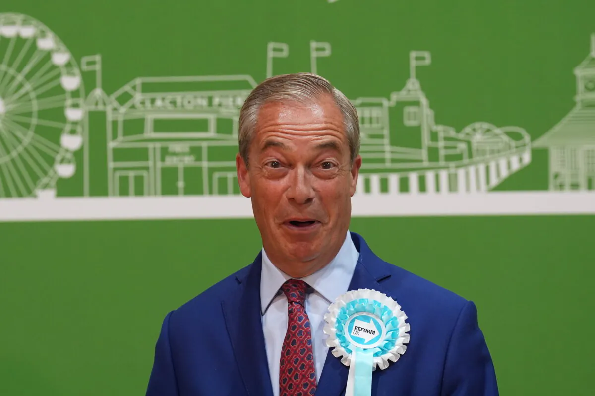 Reform UK leader Nigel Farage gives a victory speech at Clacton Leisure Centre in Clacton, Essex, during the count for the 2024 General Election on July 5, 2024.  (Joe Giddens/PA Wire)