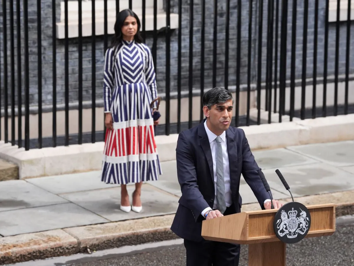 Former Prime Minister Rishi Sunak, with his wife Akshata Murty makes a speech outside 10 Downing Street in central London on July 5, 2024. (PA Wire)