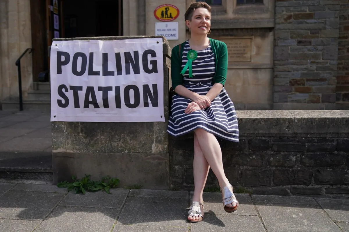 Undated image of Greens co-leader Carla Denyer outside a polling station in the UK. (PA). 