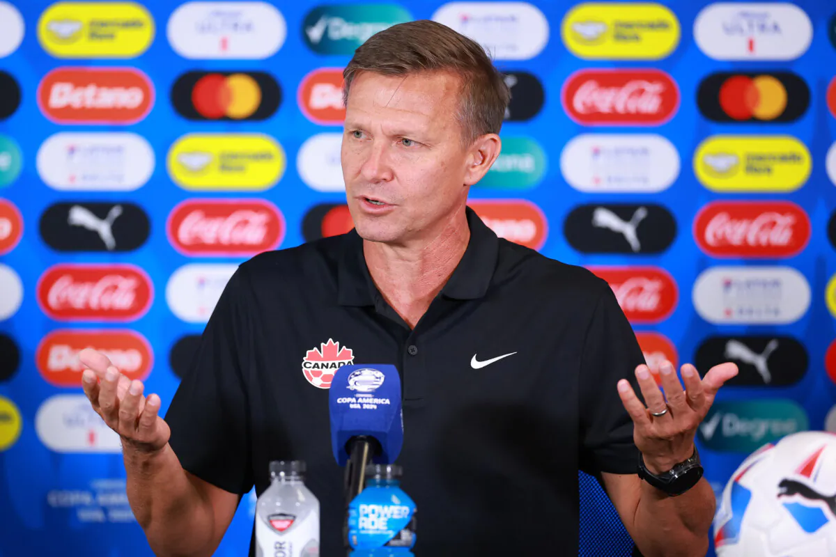 Jesse Marsch, Canada men’s soccer head coach, speaks during a press conference at Mercedes-Benz Stadium in Atlanta, Georgia on June 19, 2024. (Hector Vivas/Getty Images)
