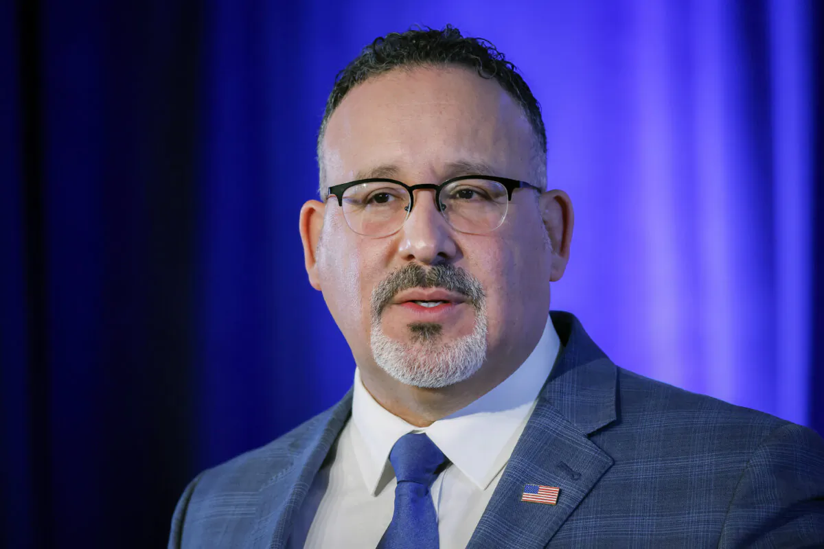 Education Secretary Miguel Cardona delivers remarks at the department's Lyndon Baines Johnson Building in Washington, on Jan. 27, 2022. (Chip Somodevilla/Getty Images)