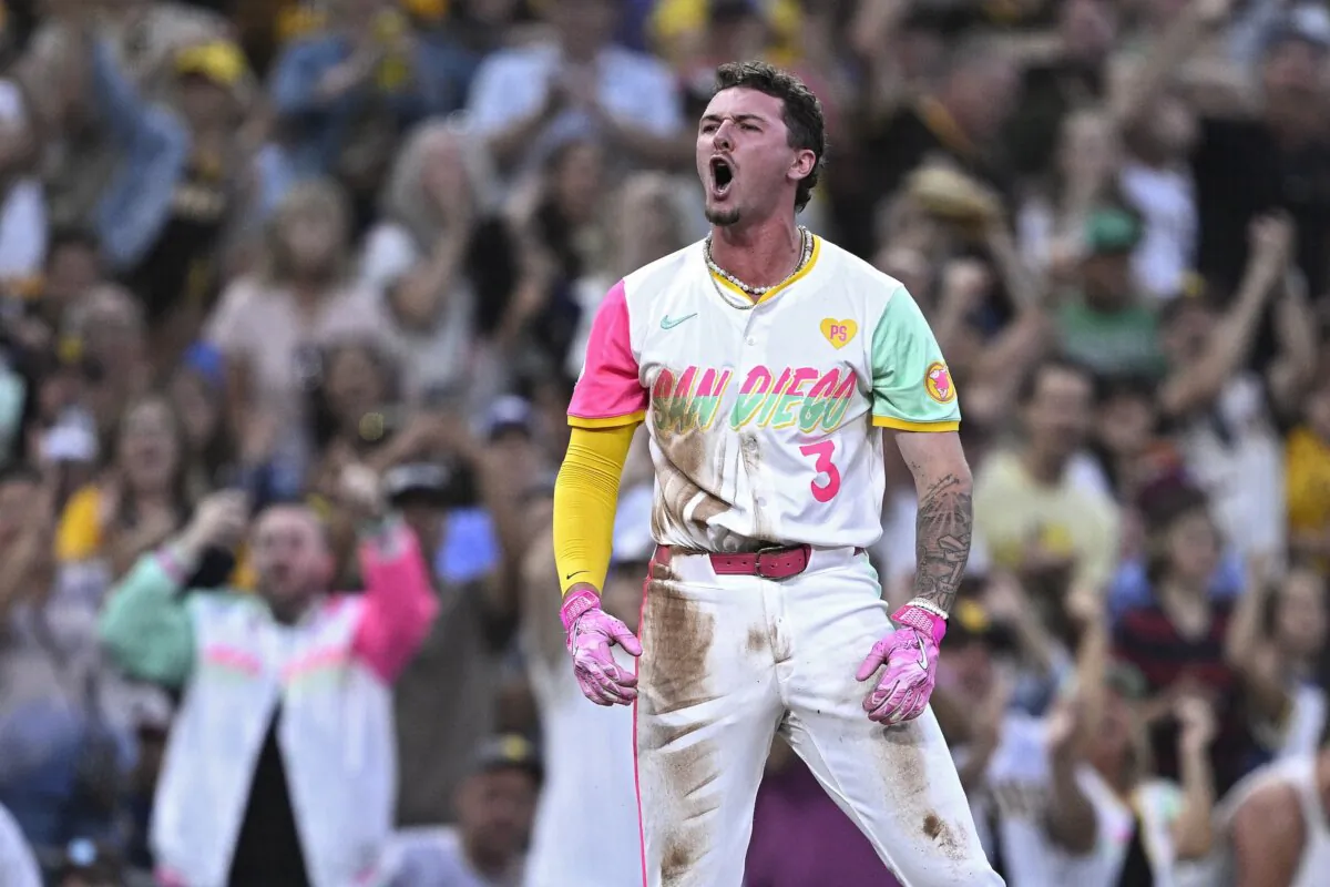 Jackson Merrill (3) of the San Diego Padres celebrates after hitting a two-RBI triple against the Arizona Diamondbacks during the fourth inning in San Diego on July 5, 2024. (Orlando Ramirez/Getty Images)