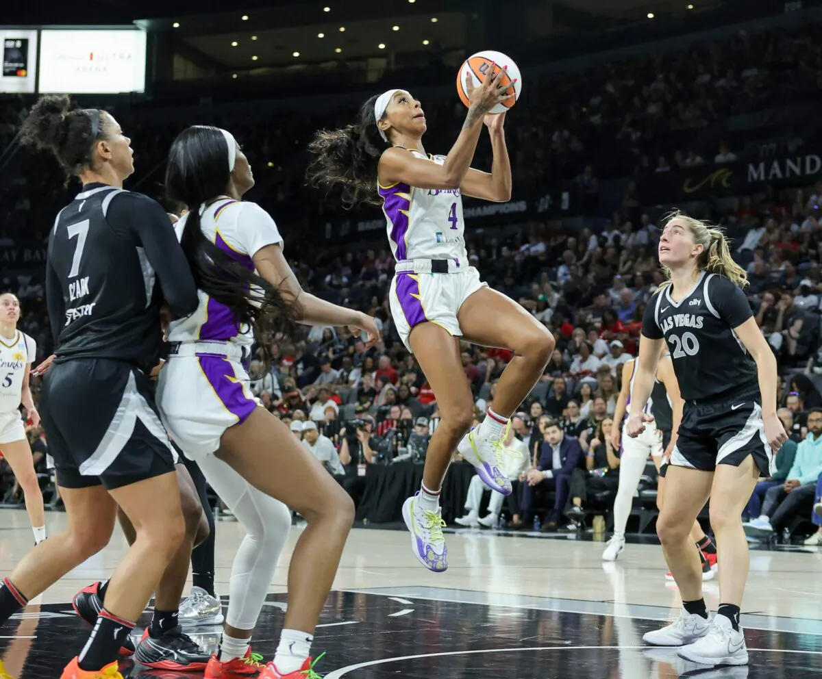 Lexie Brown (4) of the Los Angeles Sparks shoots a layup against the Las Vegas Aces in the third quarter of their game in Las Vegas on May 18, 2024. (Ethan Miller/Getty Images)