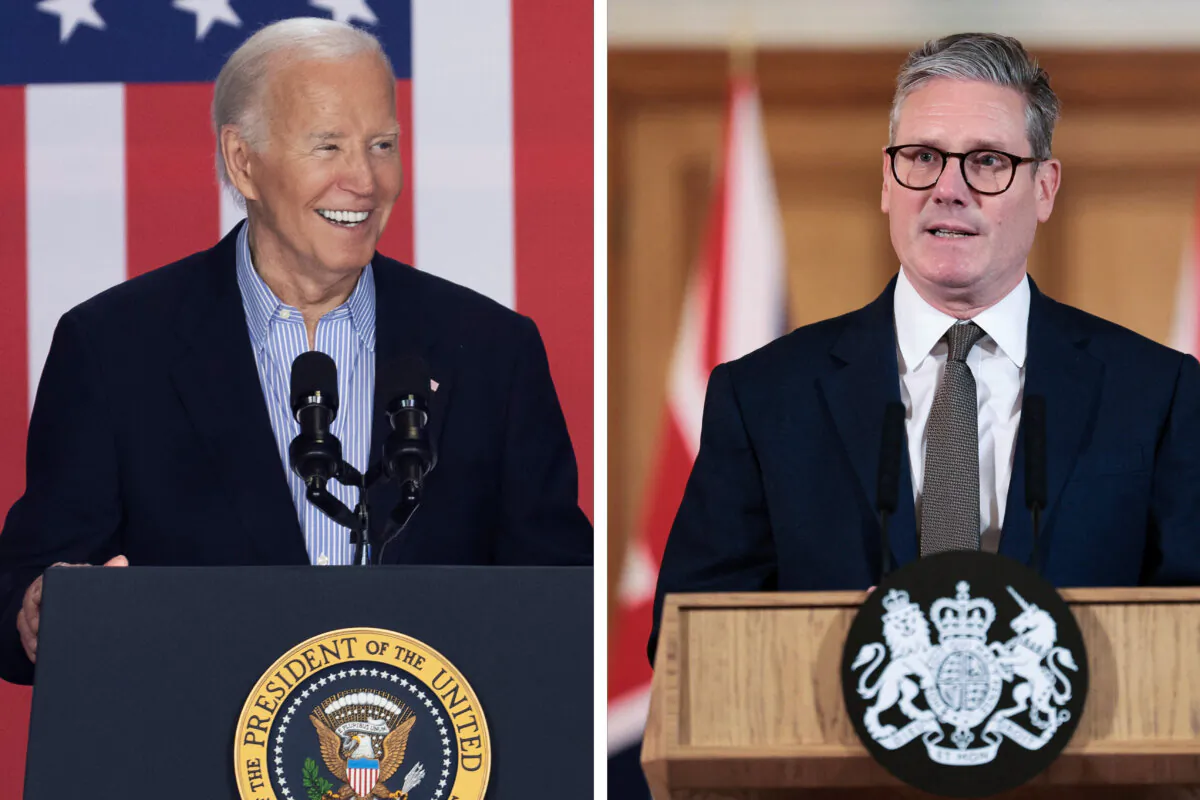 (Left) President Joe Biden speaks to supporters during a campaign rally at Sherman Middle School in Madison, Wis., on July 5, 2024. (Andrew Harnik/Getty Images) (Right) British Prime Minister Keir Starmer holds a news conference following his first cabinet meeting in London on July 6, 2024. (Claudia Greco-WPA Pool/Getty Images)