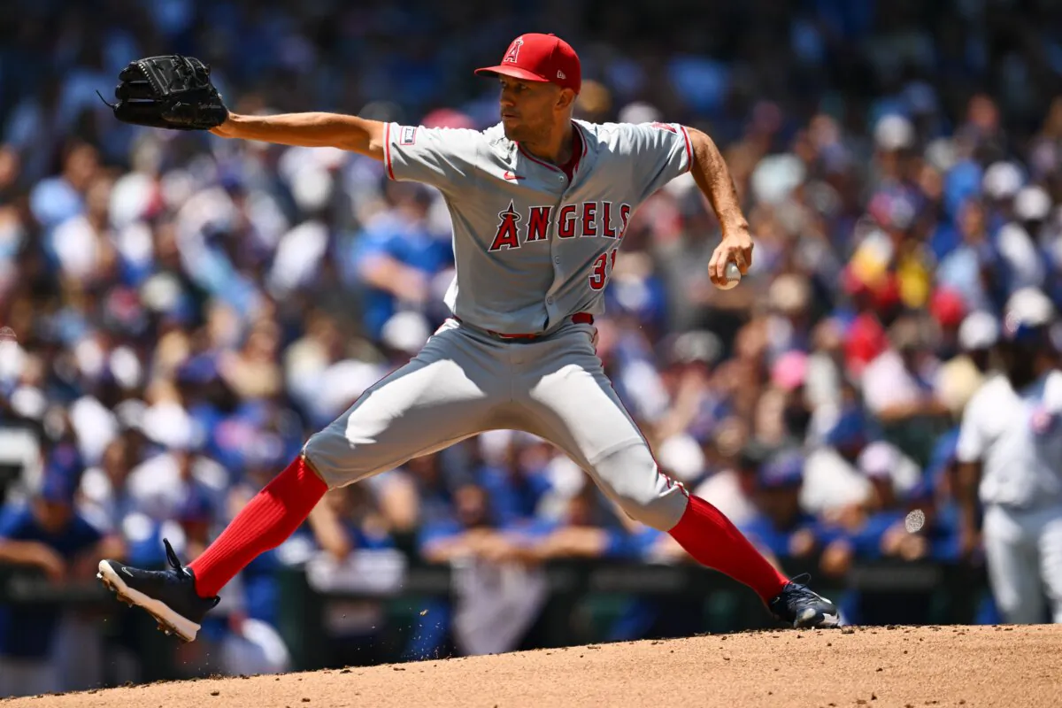 Starting pitcher Tyler Anderson (31) of the Los Angeles Angels throws in the first inning against the Chicago Cubs in Chicago on July 6, 2024. (Quinn Harris/Getty Images)