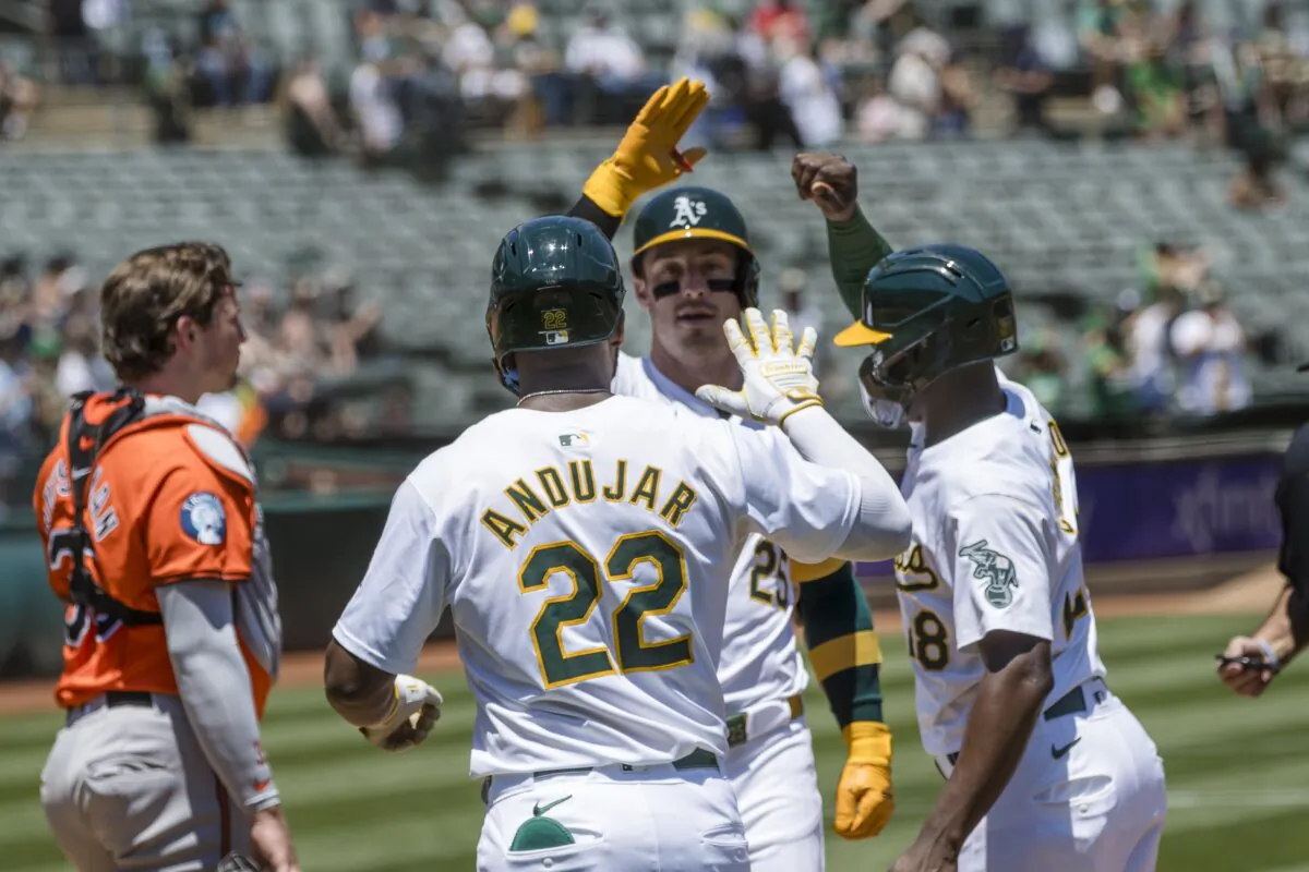 Oakland Athletics' Brent Rooker (C) is congratulated by Miguel Andujar (22) and Daz Cameron after hitting a three-run home-run against the Baltimore Orioles during the first inning of a baseball game in Oakland, Calif., July 6, 2024. (John Hefti/AP Photo)