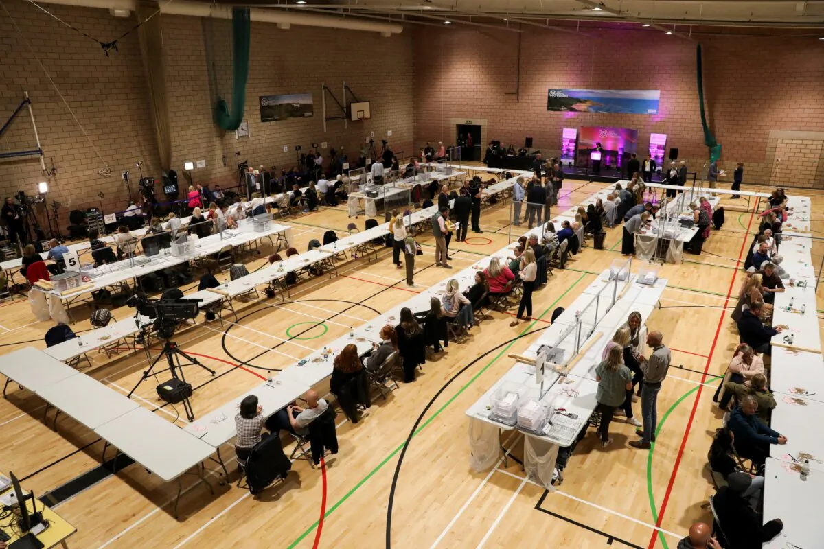General Election votes are counted in Northallerton Leisure Centre in North Yorkshire, England, on July 5, 2024. (Temilade Adelaja/PA)