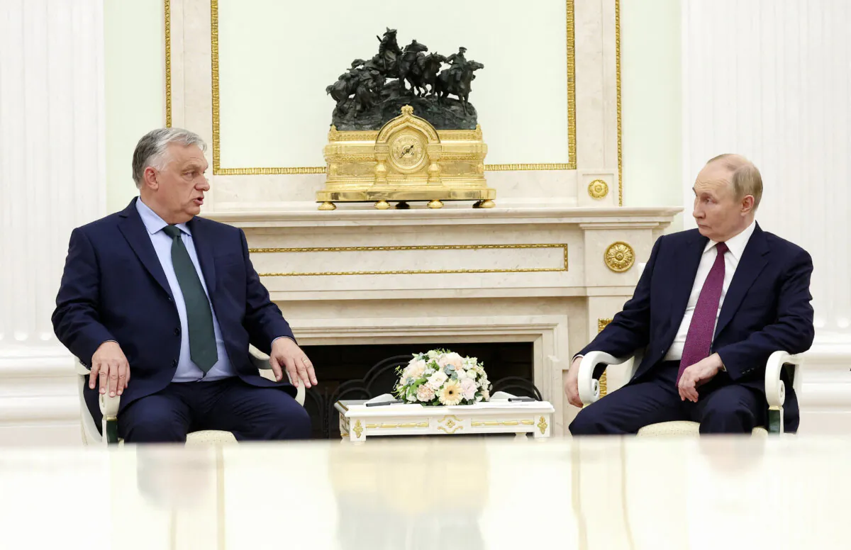 Russian President Vladimir Putin meets with Hungarian Prime Minister Viktor Orban (L) at the Kremlin in Moscow on July 5, 2024. (Valery Sharifulin/Pool/AFP via Getty Images)