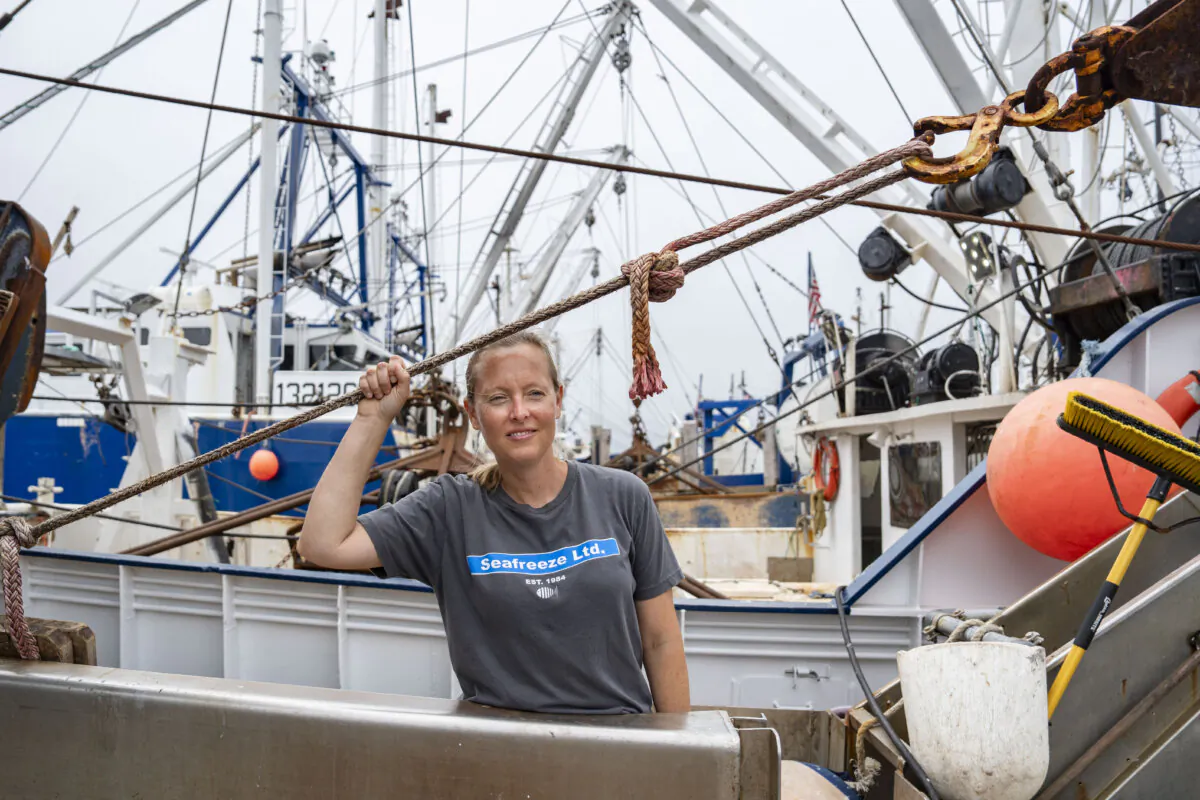 Plaintiff Meghan Lapp, fisheries liaison of Seafreeze Ltd., on a fishing boat at the Port of Galilee fishing port in Point Judith, R.I., on July 5, 2024. (Samira Bouaou/The Epoch Times)