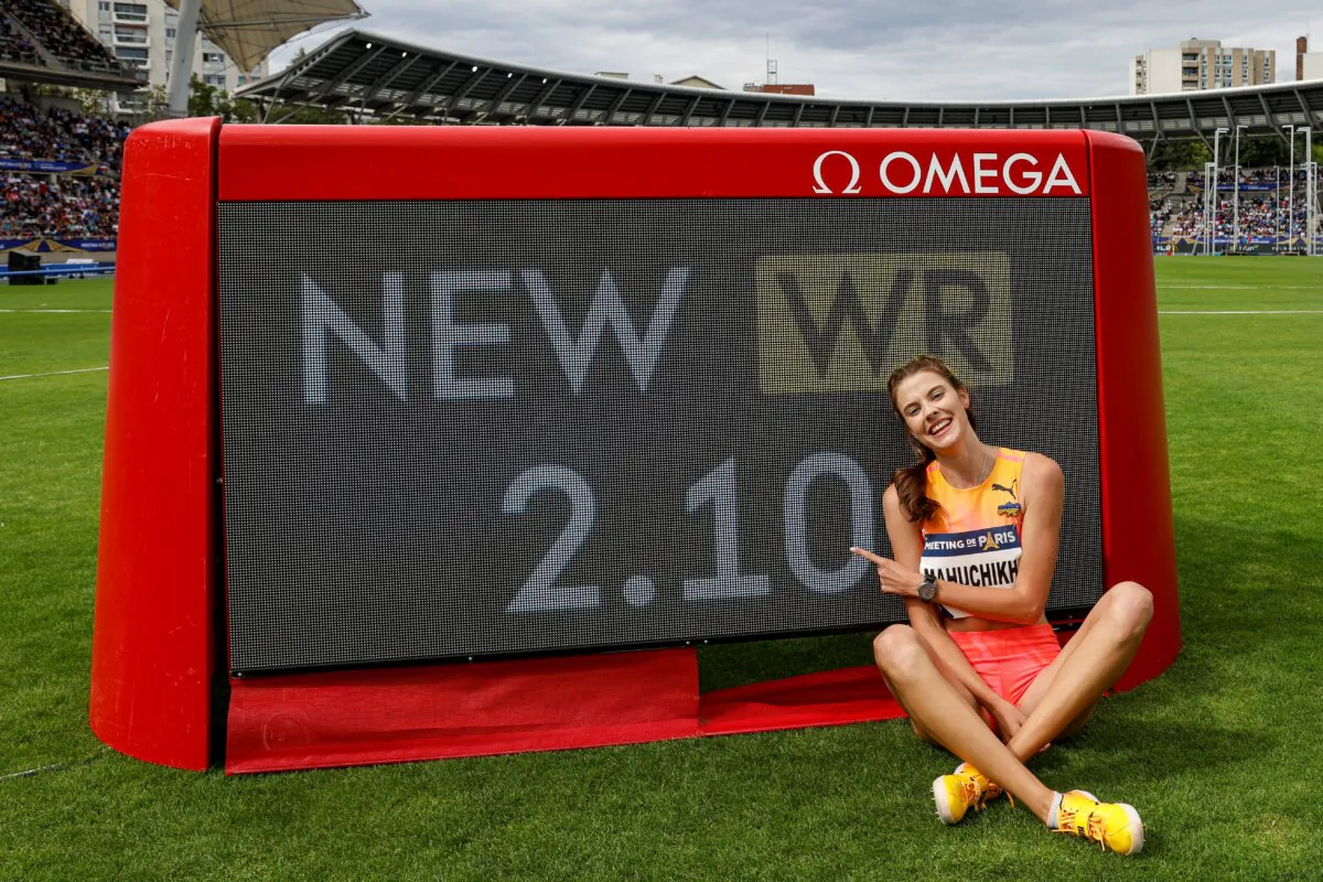 Ukraine's Yaroslava Mahuchikh poses after breaking the world record in the women's high jump in Paris on July 7, 2024. (Geoffroy Van Der Hasselt/AFP via Getty Images)