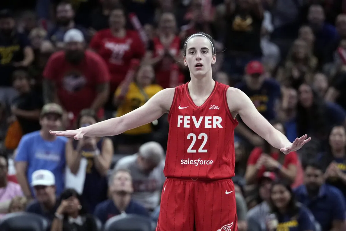 Indiana Fever's Caitlin Clark reacts during the second half of a WNBA basketball game against the New York Liberty in Indianapolis on July 6, 2024. (Darron Cummings/AP Photo)
