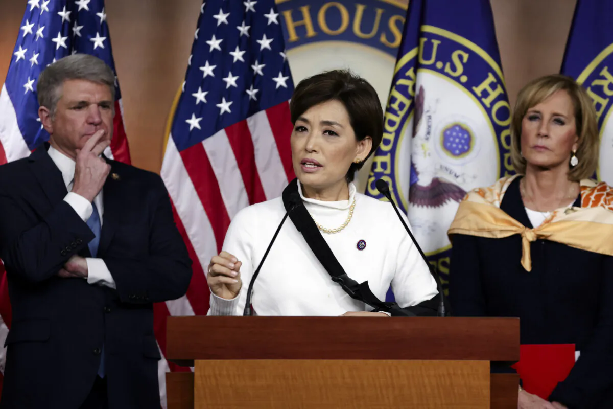 Rep. Young Kim (R-Calif.) (2nd L) speaks as (L-R) Rep. Michael McCaul (R-Texas) and Rep Claudia Tenney (R-N.Y.) listen during a news conference at the U.S. Capitol on Feb. 2, 2022. (Alex Wong/Getty Images)