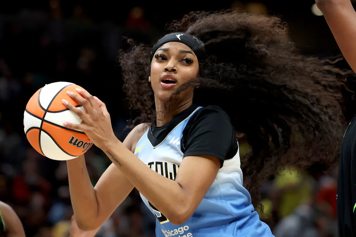 Angel Reese #5 of the Chicago Sky looks to pass against the Seattle Storm at Climate Pledge Arena in Seattle, Wash., on July 5, 2024. (Steph Chambers/Getty Images)