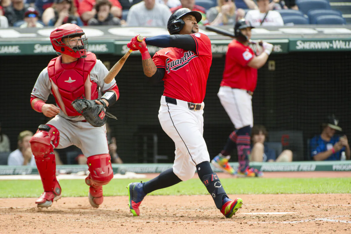 Jose Ramirez, who is named to the 2024 American League All-Star team hits a two-run home run against the Los Angeles Angels in Cleveland on May 5, 2024. (Phil Long/AP Photo)