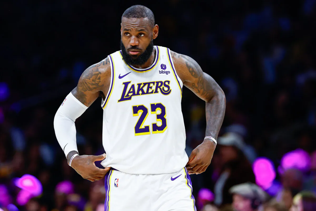 LeBron James (23) of the Los Angeles Lakers during game four of the Western Conference First Round Playoffs at Crypto.com Arena in Los Angeles, Calif., on April 27, 2024. (Ronald Martinez/Getty Images)