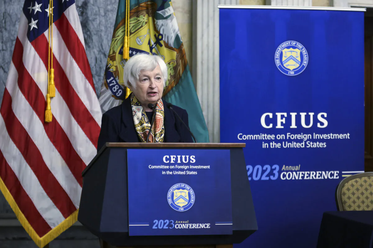 Secretary of the Treasury Janet Yellen delivers a keynote address during the second annual Committee on Foreign Investment in the United States (CFIUS) Conference at the Treasury Department in Washington on Sept. 14, 2023. (Alex Wong/Getty Images)
