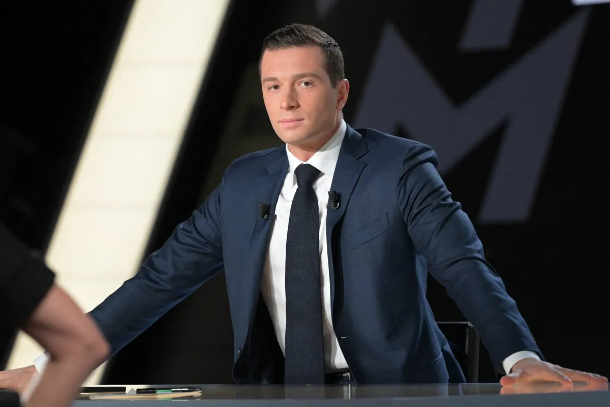 Rassemblement National President Jordan Bardella during a broadcast on channel France 2 in Paris on July 4, 2024. (Bertrand Guay/AFP via Getty Images)