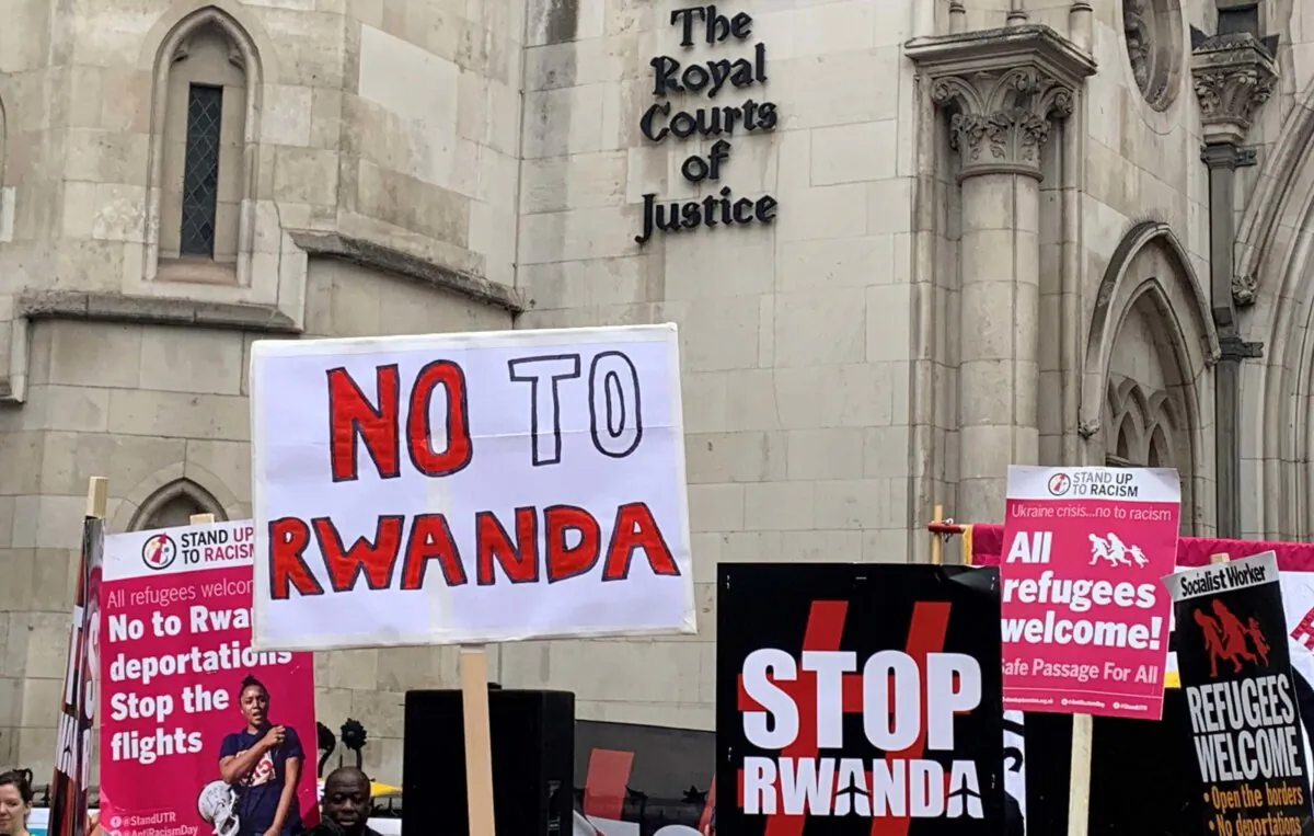 Demonstrators outside the Royal Courts of Justice in London, in 2022. (PA)