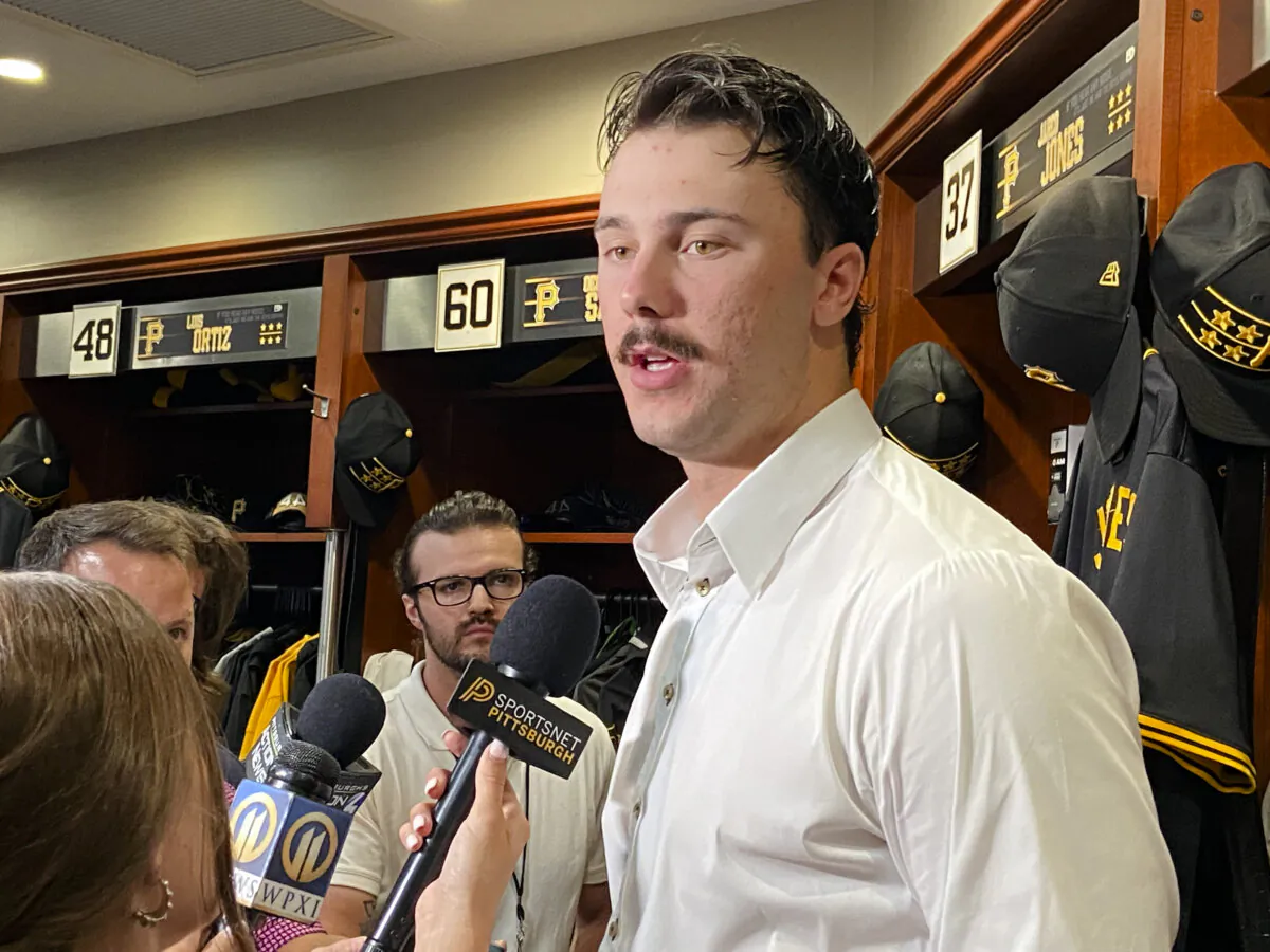 Paul Skenes addresses Pittsburgh media in Pirates' clubhouse on June 17, 2024. (Courtesy of Donald Laible)