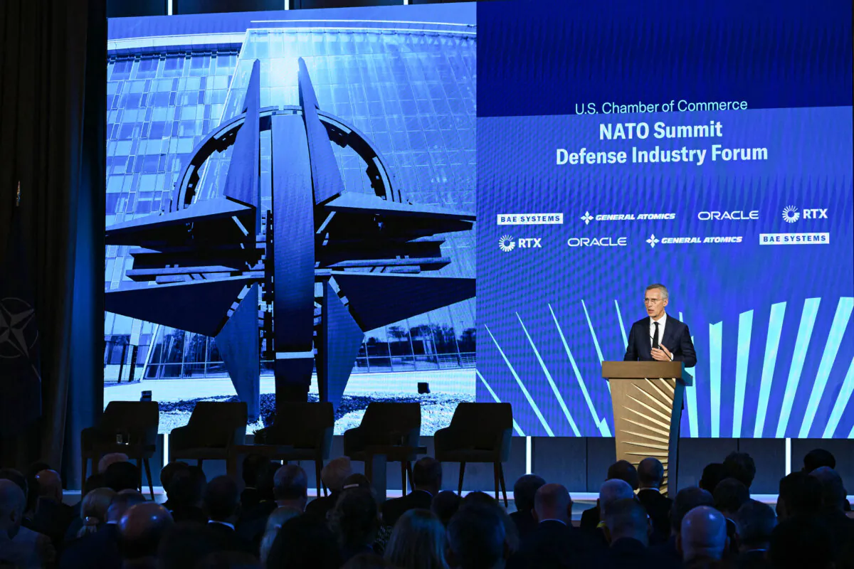 NATO Secretary General Jens Stoltenberg addresses the US Chamber of Commerce in Washington on July 9, 2024. (DREW ANGERER/AFP via Getty Images)