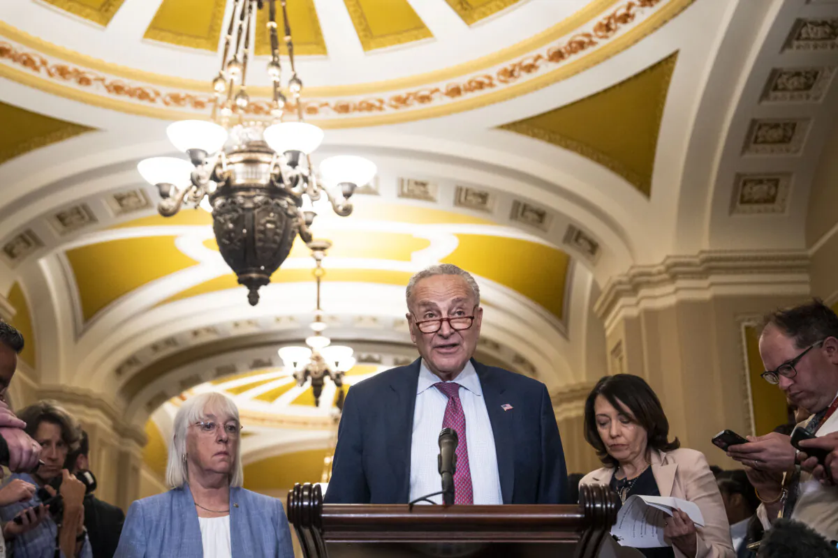 Sen. Chuck Schumer (D-N.Y.) speaks during the weekly Senate presser in the U.S. Capitol building on July 9, 2024. (Madalina Vasiliu/The Epoch Times)