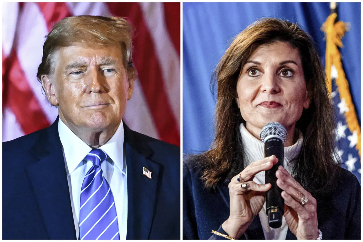 (Left) Former President Donald Trump arrives to speak during a Super Tuesday election night watch party at Mar-a-Lago Club in Palm Beach, Fla., on March 5, 2024. (Right) Republican presidential hopeful Nikki Haley speaks during a campaign rally in Portland, Maine, on March 3, 2024. (Chandan Khanna, Joseph Prezioso/AFP via Getty Images)