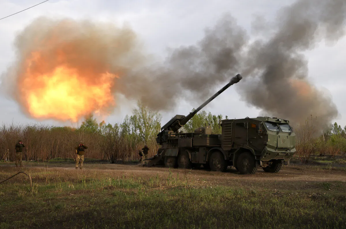 Gunners from 43rd Separate Mechanized Brigade of the Armed Forces of Ukraine fire at Russian position with a 155 mm self-propelled howitzer 2C22 "Bohdana," in the Kharkiv region, amid the Russian invasion in Ukraine on April 21, 2024. (Anatolii Stepanov/AFP via Getty Images)