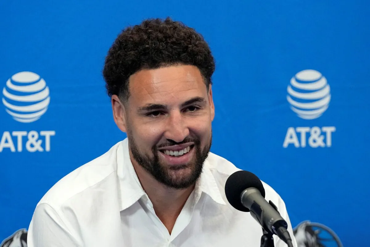 Newly acquired Dallas Mavericks guard Klay Thompson takes questions during an introductory news conference in Dallas on July 9, 2024. (Tony Gutierrez/AP Photo)