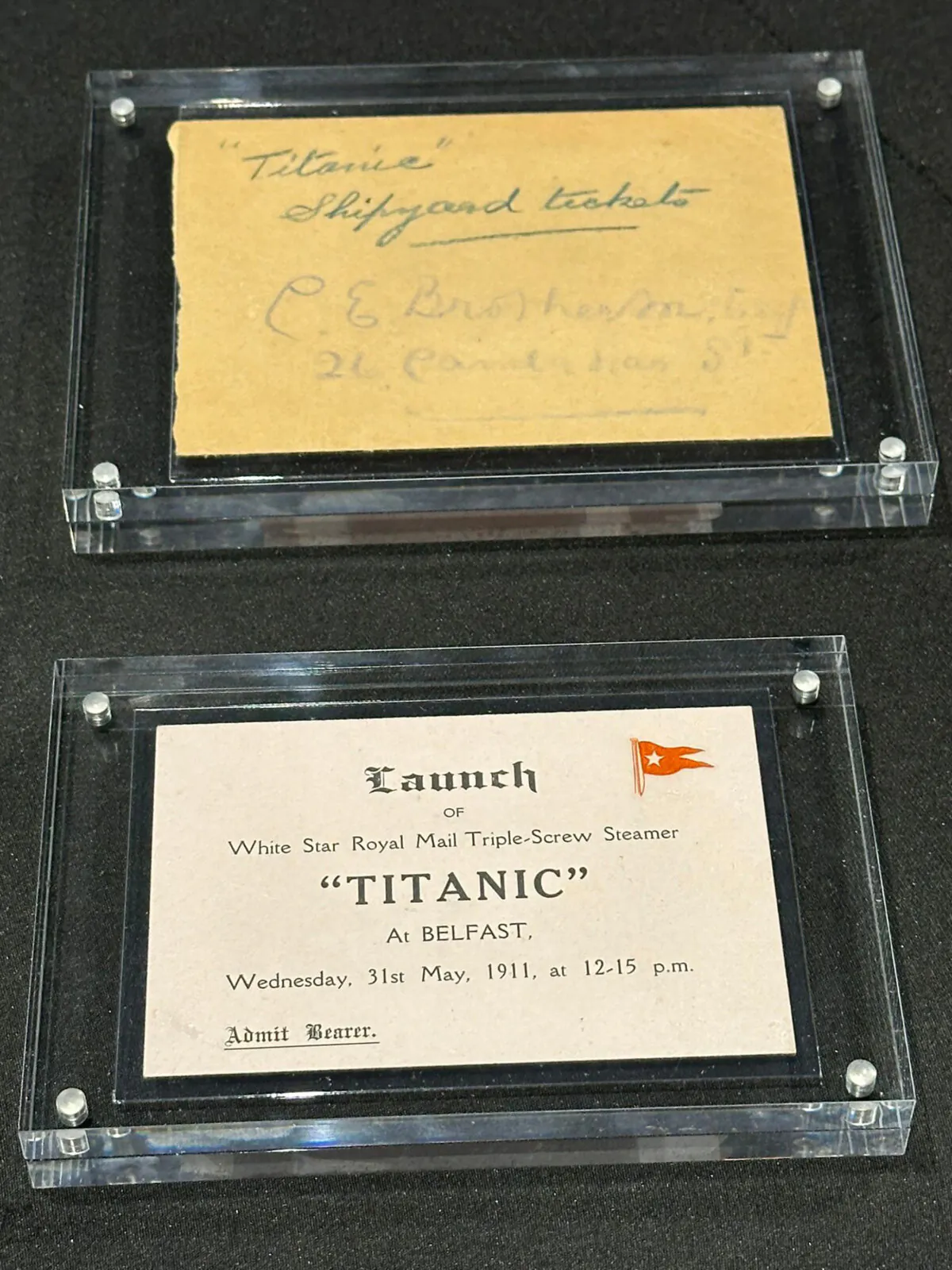 Original tickets to see the Titanic leave Belfast in 1911 that will be part of "Titanic: The Immersive Journey" at Exhibition Hub in Doraville starting July 19, 2024. (Rodney Ho/The Atlanta Journal-Constitution/TNS)