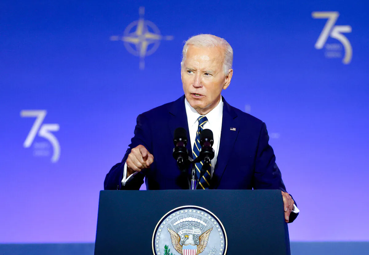 President Joe Biden delivers remarks during the NATO 75th anniversary celebratory event in Washington, on July 9, 2024.(Kevin Dietsch/Getty Images)