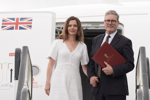 Prime Minister Sir Keir Starmer and his wife Victoria board a plane at Stansted Airport as they head to Washington to attend a Nato summit, in Essex, England, on July 9, 2024. (Stefan Rousseau/PA Wire)