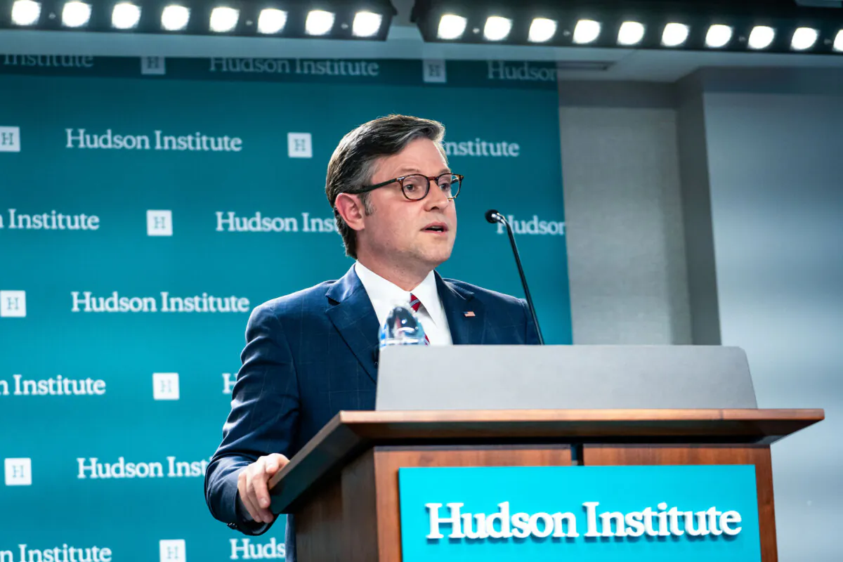 House Speaker Rep. Mike Johnson (R-La.) speaks at the Hudson Institute in Washington, on July 8, 2024. (Madalina Vasiliu/The Epoch Times)
