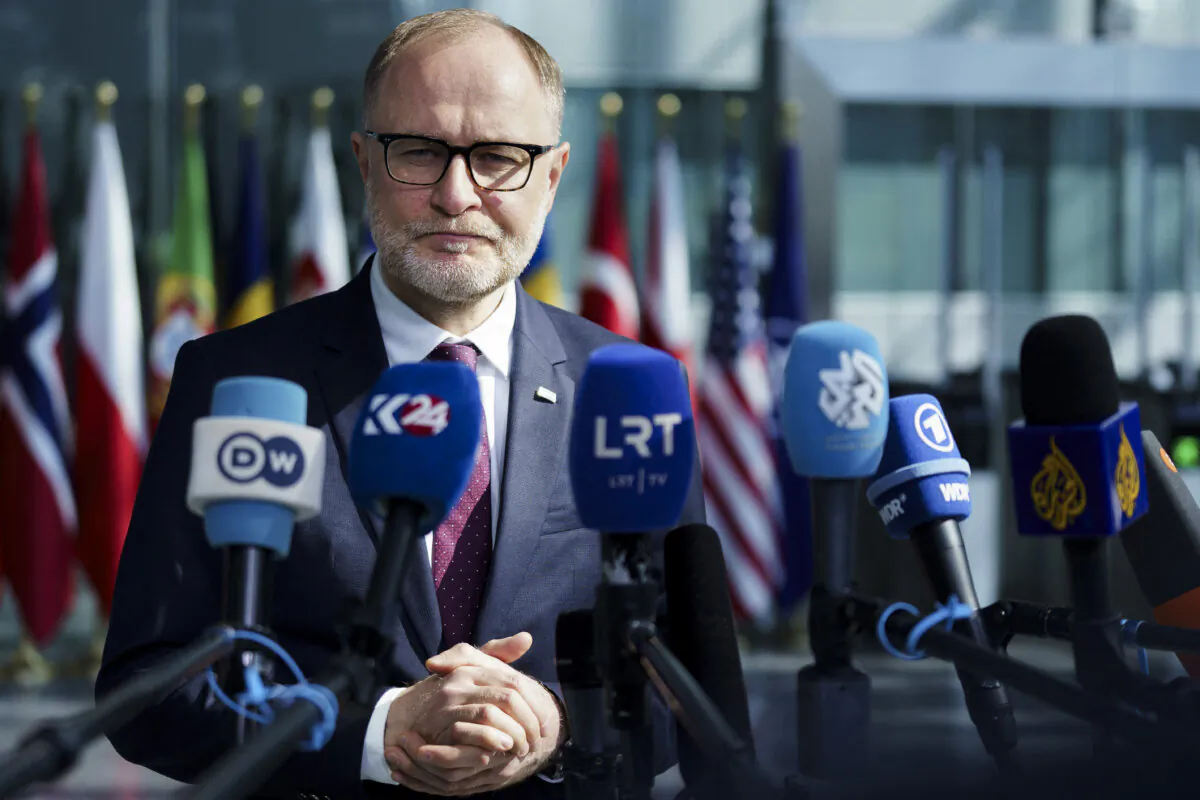 Latvia's Minister of Defense Andris Spruds delivers a doorstep statement during a meeting of NATO Ministers of Defense at the NATO Headquarters in Brussels on June 13, 2024. (Simon Wohlfahrt/AFP via Getty Images)