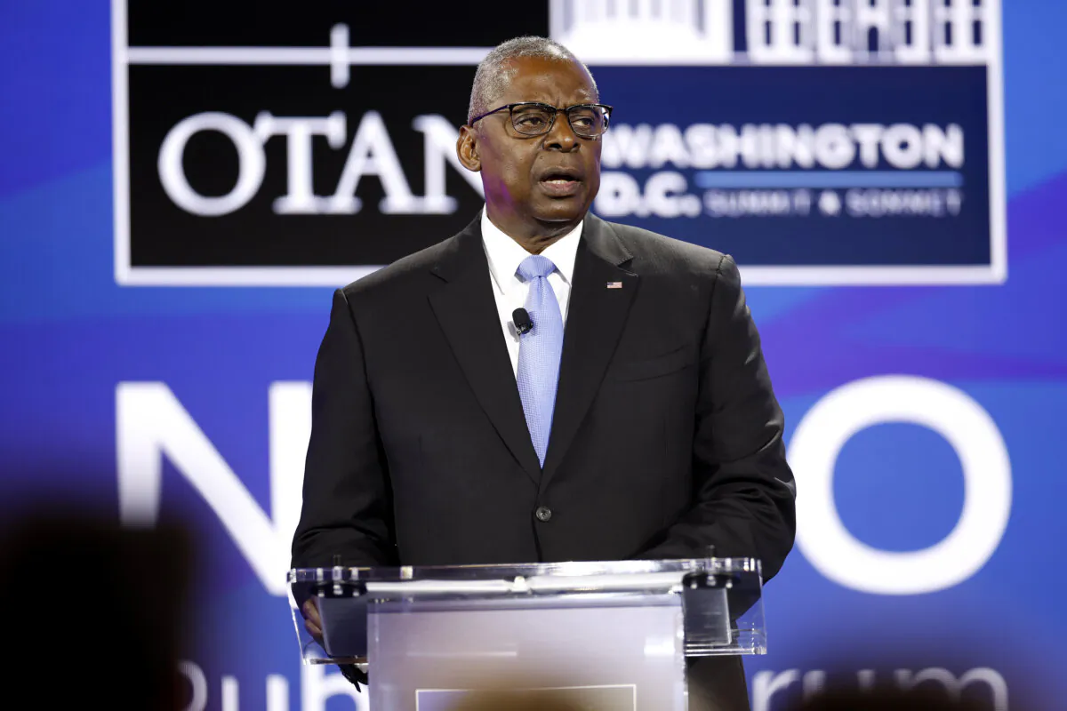 Secretary of Defense Lloyd Austin delivers remarks during a public forum as part of the 2024 NATO Summit in Washington on July 10, 2024. (Kevin Dietsch/Getty Images)