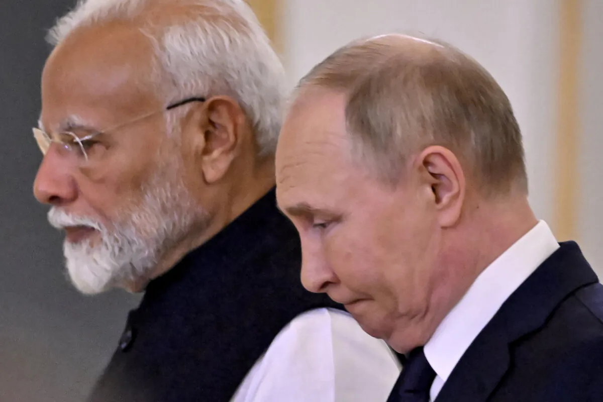 Russian President Vladimir Putin (R) and Indian Prime Minister Narendra Modi following their talks at the Kremlin in Moscow on July 9, 2024. (Alexander Nemenov/AFP via Getty Images)