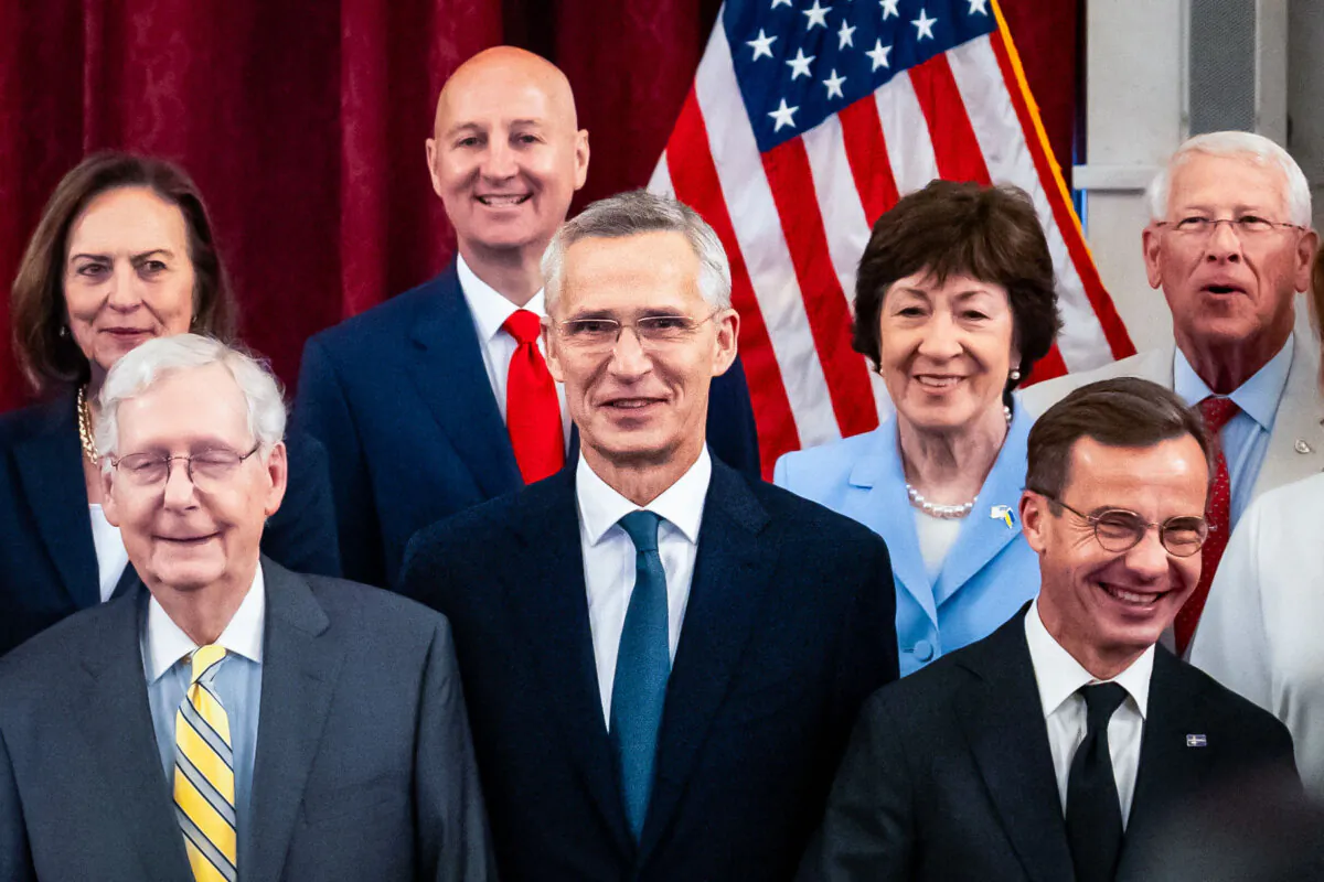 NATO Secretary-General Jens Stoltenberg (C) meets with lawmakers in Washington, on July 10, 2024. (Madalina Vasiliu/The Epoch Times)