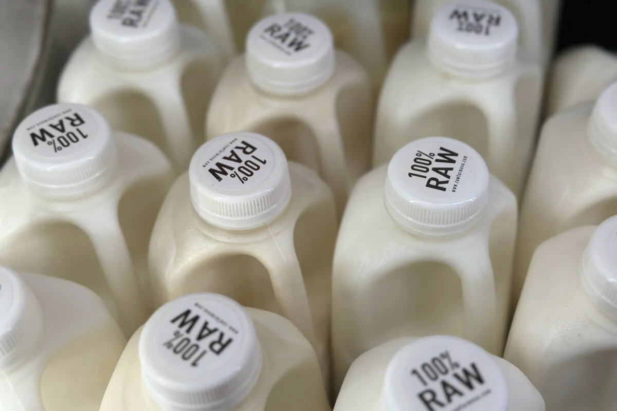Bottles of raw milk from Raw Farm of Fresno, Calif., are displayed for sale at a store in Temecula, Calif., on May 8, 2024. (JoNel Aleccia/AP Photo)