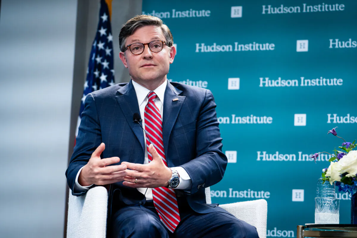 House Speaker Rep. Mike Johnson (R-La.) speaks at the Hudson Institute in Washington on July 8, 2024. (Madalina Vasiliu/The Epoch Times)