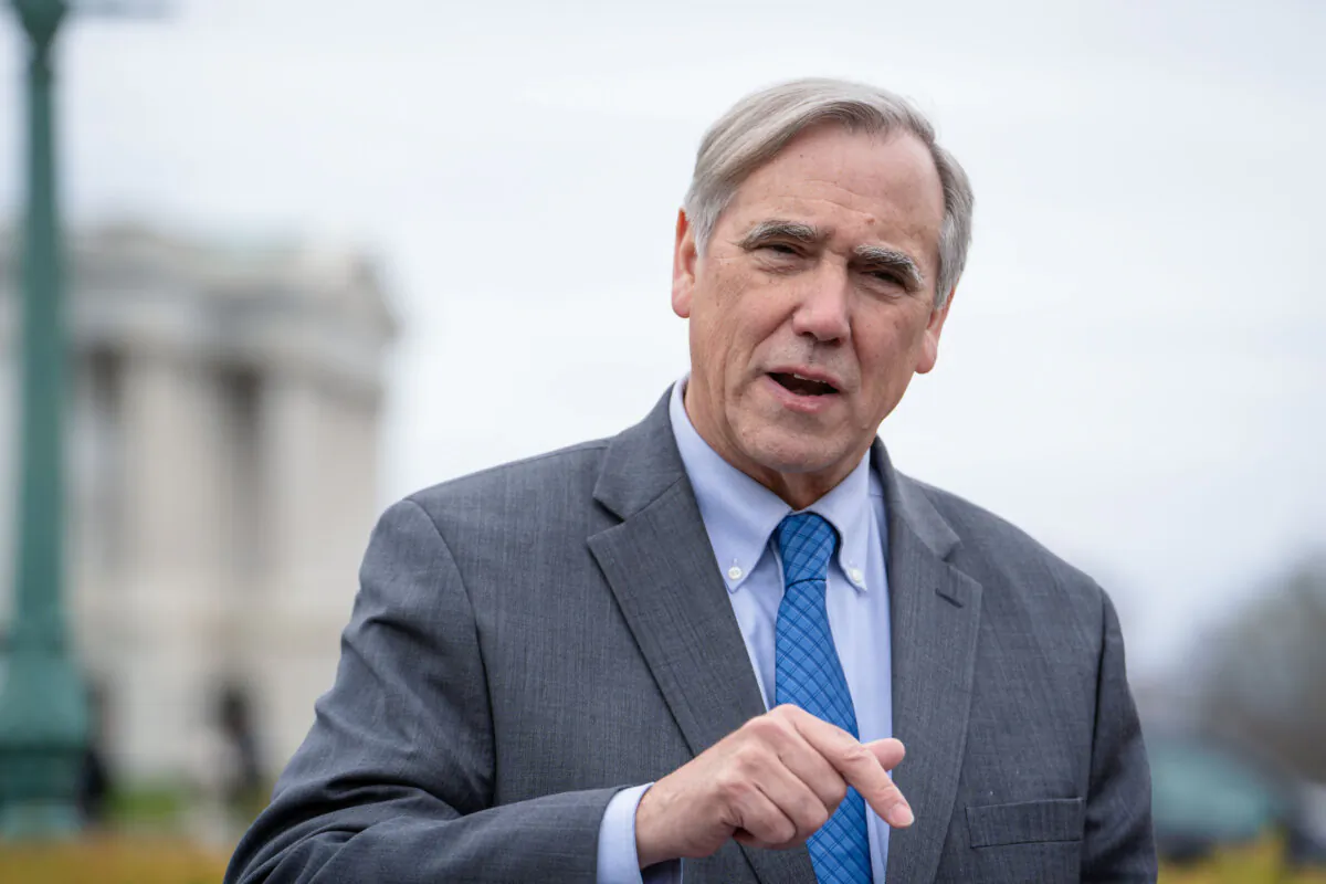 Sen. Jeff Merkley (D-Ore.) speaks during a press conference at the House Triangle near the U.S. Capitol on March 22, 2024. (Madalina Vasiliu/The Epoch Times)