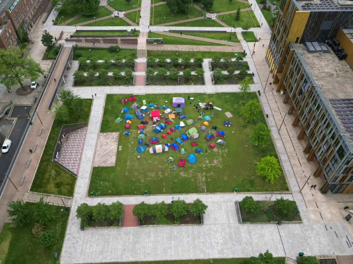 Drone footage of the Gaza war protest encampment at the University of Birmingham on May 16, 2024. (Phil Barnett/PA)