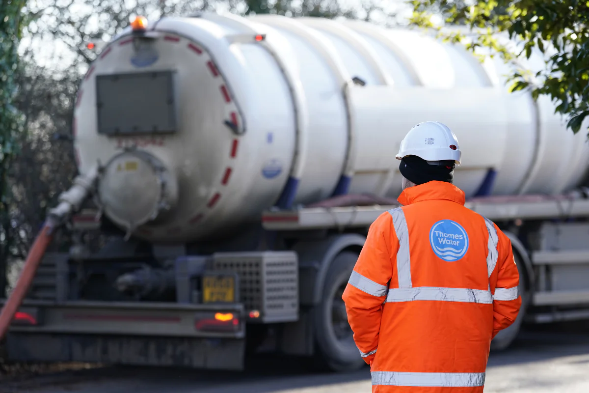 A tanker pumps out excess sewage from the Lightlands Lane sewage pumping station in Cookham, Berkshire, England, on Jan. 10, 2024. (Andrew Matthews/PA Wire)
