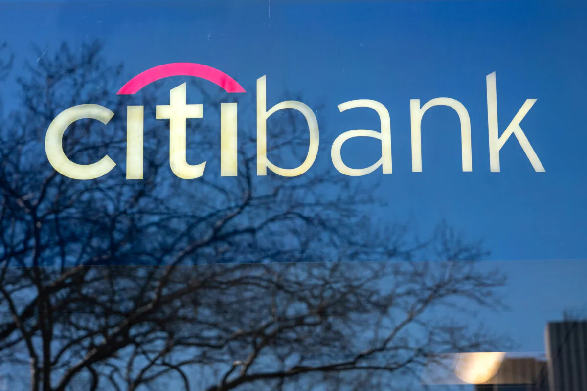 A sign for CitiBank on a window in Manhattan on March 1, 2024. (Spencer Platt/Getty Images)