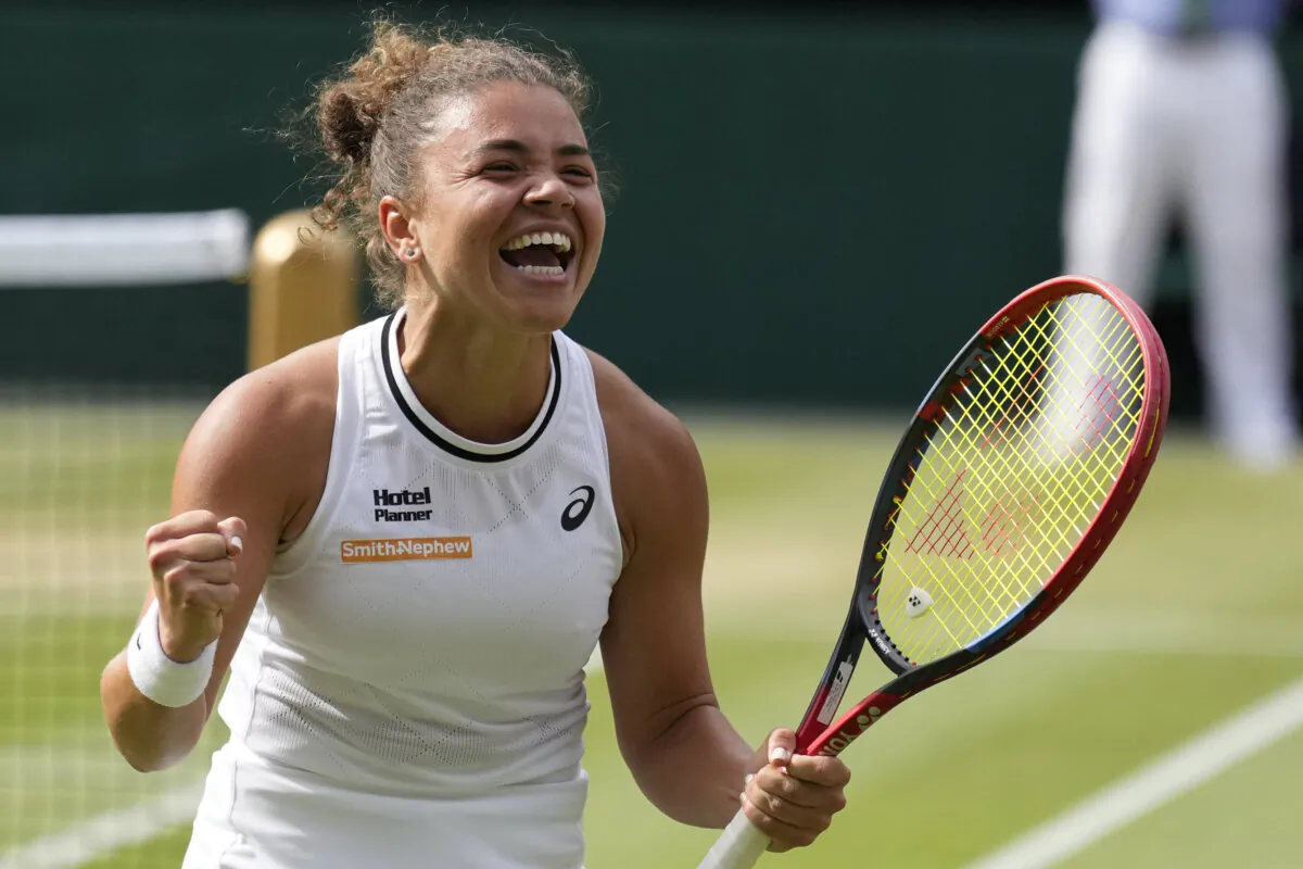 Jasmine Paolini of Italy celebrates after defeating Donna Vekic of Croatia in their semifinal match at the Wimbledon tennis championships in London on July 11, 2024. (Mosa'ab Elshamy/AP Photo)