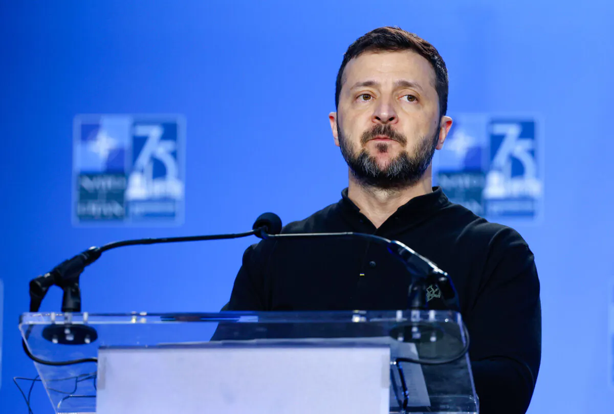 Ukrainian President Volodymyr Zelenskyy speaks during a joint press conference with NATO Secretary Jens Stoltenberg at the 2024 NATO Summit in Washington, on July 11, 2024. (Kevin Dietsch/Getty Images)