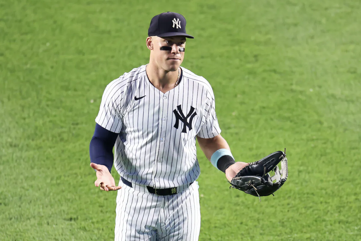 Aaron Judge #99 of the New York Yankees reacts against the Atlanta Braves during the eighth inning at Yankee Stadium in the Bronx borough of New York City on June 21, 2024. (Luke Hales/Getty Images)