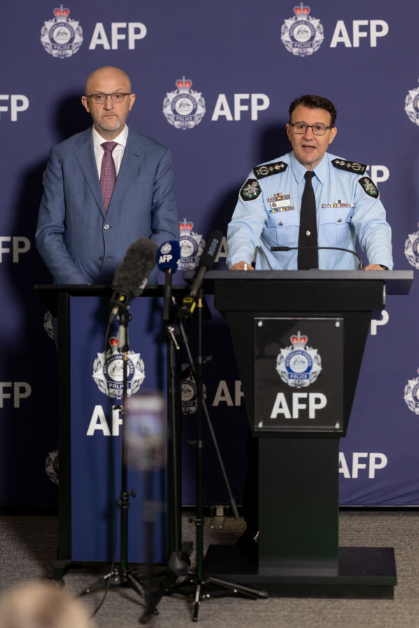 ASIO director-general Mike Burgess (L) and AFP Commissioner Reece Kershaw (R) speak at the press conference following the arrest of the Russian couple. (Courtesy of the Australian Federal Police)