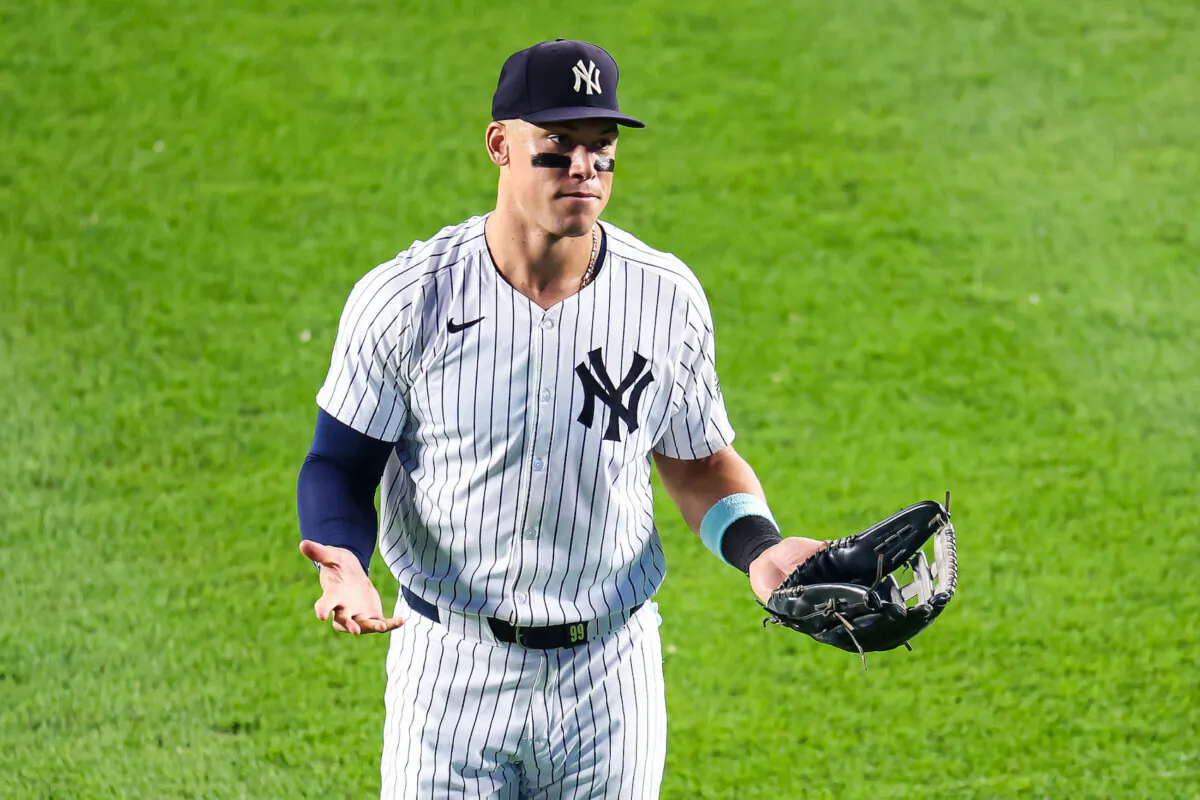 Aaron Judge #99 of the New York Yankees reacts against the Atlanta Braves during the eighth inning at Yankee Stadium in the Bronx borough of New York City on June 21, 2024. (Luke Hales/Getty Images)